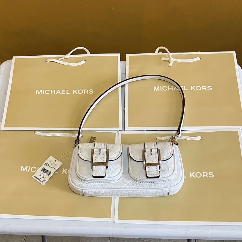 Michael Kors White Mini Shoulder Bag with Buckle Pockets